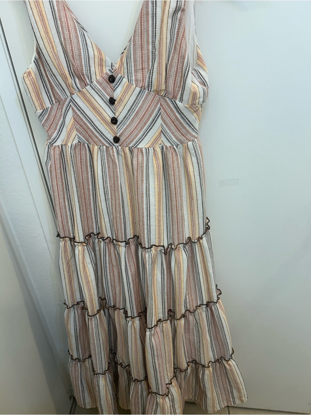 Camellia Striped Button-Back Tiered long Dress White & Multicolor